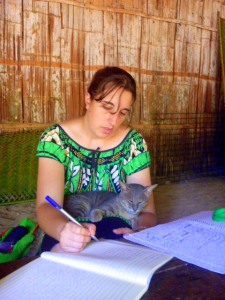 Copying our language learning notes with the help of Zero the cat.